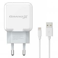 Зарядний пристрій Grand-X USB 5V 2,1A White + cable USB -> Lightning, Cu (CH03LTW)