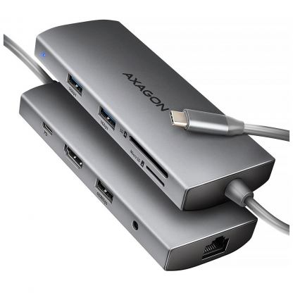Концентратор AXAGON USBC to 3xUSB-A + HDMI + RJ45 + SD/microSD + audio + PD 100W 0.2m grey (HMC-8HLSA)