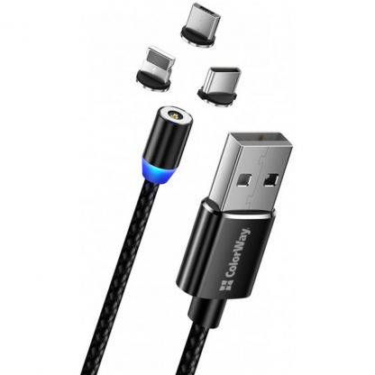 Дата кабель Кабель Colorway USB - 3в1 (Lightning+MicroUSB+Type-C) Magnet ColorWay (CW-CBUU020-BK)