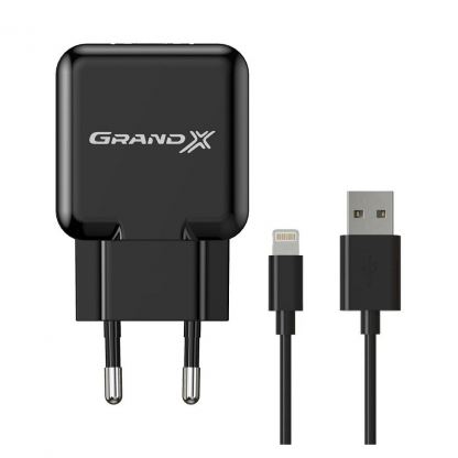 Зарядное устройство Grand-X 1*USB, 2,1A, Black, + cable USB -> Lightning, Cu, 2.1А, 1m (CH03LTB)